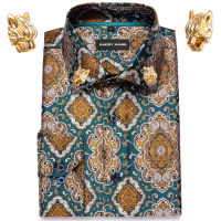 Fashion Collar Pin Blue Gold Paisley Silk Shirts Men Long Sleeve Casual Floral Shirts For Men Dress