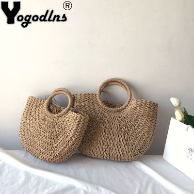 ❒❡☌ Yogodlns Straw Bags for Women Summer Handmade Half Moon Beach Wild Totes Casual Handbags