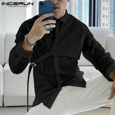 เสื้อยืดบุรุษปุ่มแขนยาวเสื้อเชิ้ตมีปก INCERUN เสื้อยืดเสื้อหนาสำหรับงานปาร์ตี้ (สไตล์ตะวันตก)