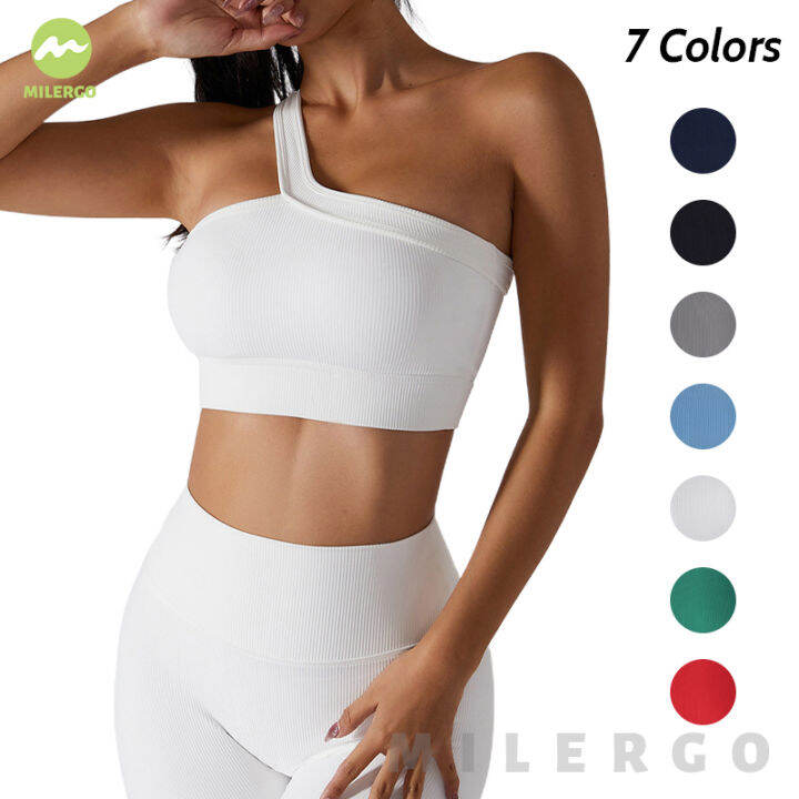 Milergo Womens One Shoulder Yoga Bras Sexy Crop Athletic Vest Push Up Sports Underwear Elastic Shockproof Gym Workout Training Tops Sportswear Wire Free Gym Shirts 7 Color SMLXL Lazada