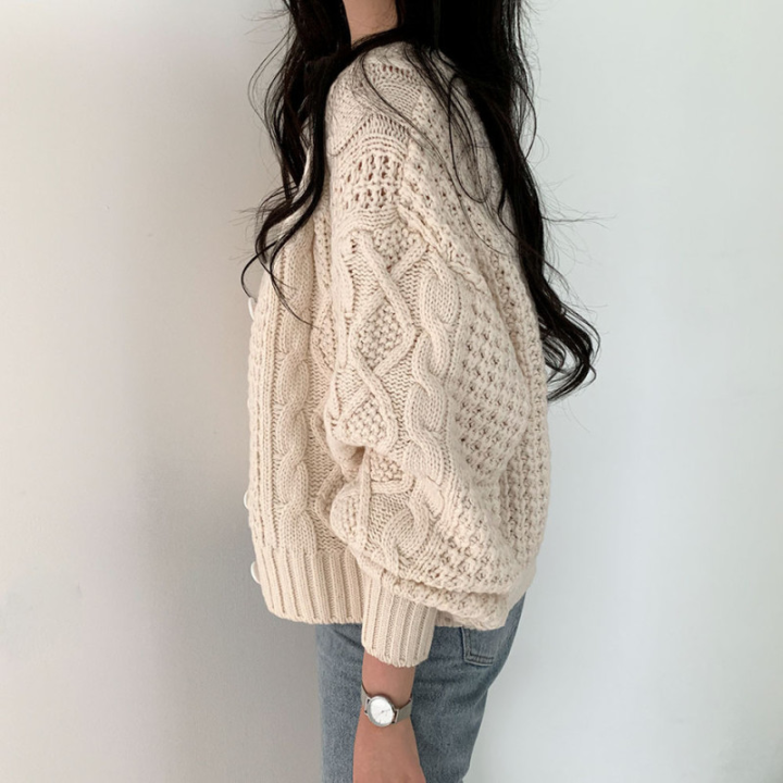 pull-solid-loose-v-neck-twist-sweater-knitted-short-lantern-sleeve-cardigans-coat-knitwear-autumn-wild-top-casual-lazy-retro
