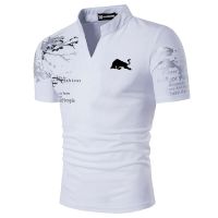 、’】【= Mens Fashion Short Sleeve Black And White Bull Logo Print Stand Collar Polo T Shirt