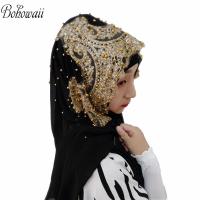 BOHOWAII Mu Jersey Hijab 25สี Femme Musulman เพชร Sequins ผ้าพันคอยาว Hijabs Hoofddoek แฟชั่นชีฟอง Turbante