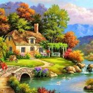 Tranh Đính Đá Tròn Tự Làm 5D Bộ Tranh Thêu Chữ Thập Làng Quê Thư Giãn
