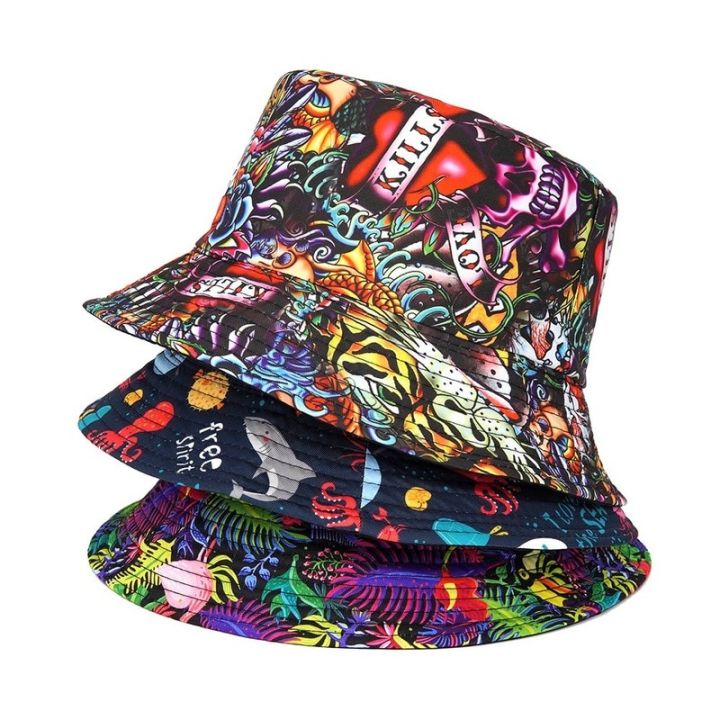 หมวกชุดตกแต่งธีมชาวประมงมีสองด้านพิมพ์ลายฮิปฮอปหมวกปานามาสำหรับผู้ชายผู้หญิง-topi-bucket-ป้องกันแสงแดดในฤดูร้อน