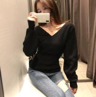 Fashion Sexy Cross V-Neck Womens Sweaters Autumn Winter Bottoming Slim Female Jumper Casual Solid Bodycom Beige Grey Tops