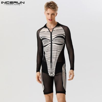 2023 Men Rompers Printing Mesh Patchwork Transparent Pajamas Lapel Long Sleeve Playsuits Sexy Zipper Men Bodysuits S-5XL INCERUN