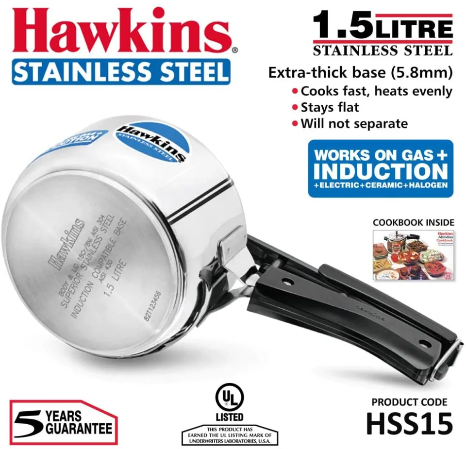 hawkins stainless steel pressure cooker 5 litres silver