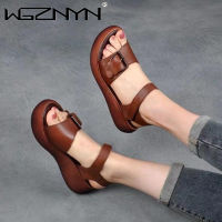 Summer Women Genuine PU Leather Sandals Vintage Wedge Shoes Woman Buckle Strap Thick Bottom Flats Platform Sandals Female Shoes