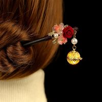 Red Floral Hair Stick Chinese Lantern Ebony Hairpin Vintage Hair Bun Forks Tassel Pearl Hair Clip for women Jewelry Haberdashery