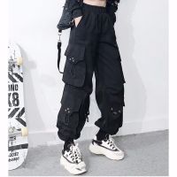 QWEEK Gothic Black Cargo Pants Women Baggy Harajuku Streetwear Oversize Punk Jogging Trousers for Female Hip Hop Mall Goth Emo