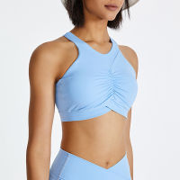 Hoppe Fumeng Cross Back Pleated Workout Sports Bra Black Rice Gray Sky Blue