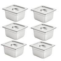 6 Pack Anti-Jam Slotted Hotel Pans with Lids, 1/6 Size 4 Inch Deep, Commercial 18/8 Stainless Steel Steam Table Food Pan