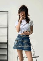 ❁ Plus size hot girl raw edge embroidery design denim skirt womens summer new high waist slimming short skirt