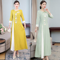 6965สีเหลือง Aodai Cheongsam 2022แขนยาวสาวปรับปรุงหนุ่มอารมณ์ Retro ยาวหญิง