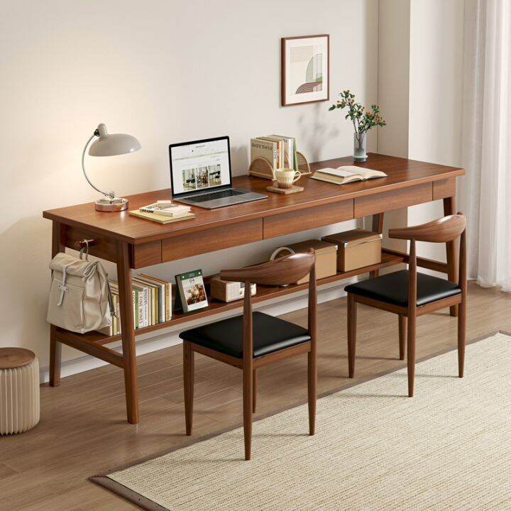 Double all solid wood desk computer desk desktop home study table with drawer long table desk