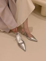 รองเท้าสตรีสีเงิน,รองเท้าสตรีรองเท้าส้นสูงหัวแหลมสีเงินแบบไม่มีสายรัดด้านหลังมี2023ส้นเท้าบาง