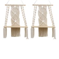 2X Boho Macrame Wall Hanging Shelf Handmade Woven Tassel Tapestry Rack Wood Floating Storage Hanger for Home Wall Decor