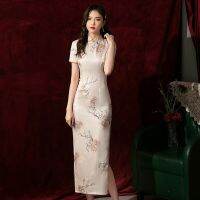 Yourqipao ชุดกี่เพ้าสองชั้นผ้าไหมแจ็คการ์ดสำหรับผู้หญิงสีเขียวหรูหราชุดราตรีสไตล์กี่เพ้าจีนดั้งเดิม