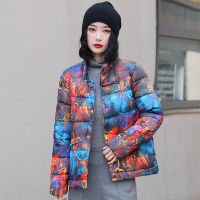 【cw】 Womens Cotton-Padded Clothes 2022 Winter New Korean Style Printed Tie-Dye Loose Lapel Short down Jacket Womens Cotton-Padded Jacket ！