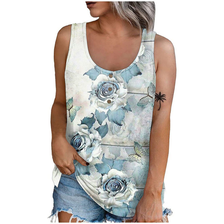 เสื้อยืดคอกลมพิมพ์ลายแขนกุดลำลองสำหรับผู้หญิงใส่ในฤดูร้อนเสื้อเสื้อผู้หญิงทูนิคเข้ารูปพอดีทรงพอดีตัว