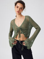 Cider Knit V-neck Hollow Out Drawstring Long Sleeve Top