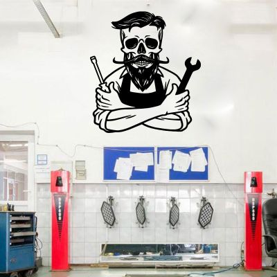 Large Auto Service Car Repair Skull Wall Sticker Piston Wrench Skull Garage Car Repair Wall Decal Shop Decor Vinyl