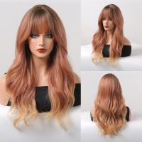 Ombre Brown Ginger Synthetic Wigs Long Wavy Blonde Wig with Bangs for Women Cosplay Daily Party Fake Hair Heat Resistant Fibre Wig  Hair Extensions Pa