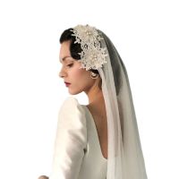 G6DF 2 Tier Vintage Women Wedding Veil Floral Lace Applique Imitation Pearl Rhinestone Flower Bridal Veil With Fixed Alligator Hair Accessories