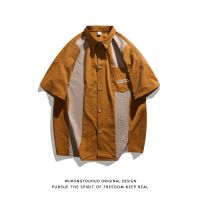 Retro Japanese color contrast stitching short-sleeved shirt men and women summer loose all-match casual shirt jacket 【BYUE】