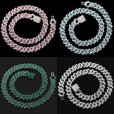 【CW】14mm Multicolor Iced Out Crystal Prong Cuban Chain Necklace for Women Men Bling Paved Rhinestone Choker Necklace Hip Hop Jewelry