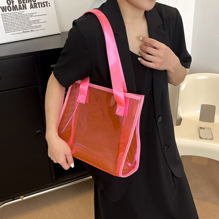 การเดินทางถุงช๊อปปิ้งแบบใสกระเป๋าสะพายข้างกระเป๋าถือ-pvc-สีชมพูแบบใหม่
