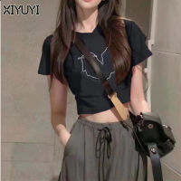 XIYUYI เสื้อยืดผู้หญิงแขนสั้นปลายพิเศษ,เสื้อยืดอเมริกาแบบย้อนยุคผู้หญิง