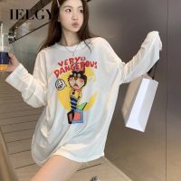 IELGY เสื้อยืดแขนยาวสำหรับผู้หญิง,พิมพ์ลายสไตล์เกาหลีลำลองสนุกดีฤดูใบไม้ร่วง