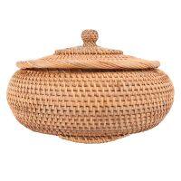 Rattan Boxes with Lid Hand-Woven Multi-Purpose Wicker Tray with Durable Rattan Fiber Round 11 Inch Diameter