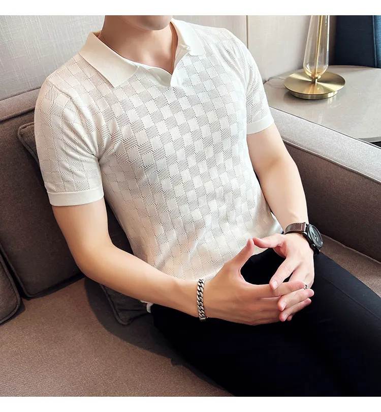 Men Transparent Mesh Knitted Polo Shirt 2022 Summer Short Sleeve V-Neck  Hollow Tee Tops Male Casual Plaid Elastic Polo Shirts