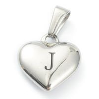 1pc 304 Stainless Steel Pendants Heart with Black Letter Stainless Steel Color Letter.J 16x16x4.5mm Hole: 7x3mm