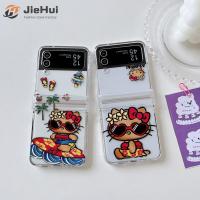 JieHui เคสโทรศัพท์แฟชั่นคิตตี้หนังสีดำสำหรับ Samsung Z Flip4/Z Flip3ชุดสามชิ้น