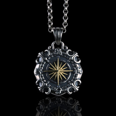 New YUKI Mens Silver Necklace Double-sided Compass Pendant Hip Hop Ins Trendy Men and Women Niche Personality Retro Chain