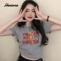 Herione เสื้อยืดสำหรับผู้หญิง,แขนสั้นหมีเสื้อเอวลอยฤดูใบไม้ร่วงฤดูร้อน501b084