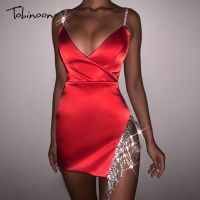 Tobinoone ซาติน2021ฤดูร้อน Rhinestone คริสต์มาสชุดผู้หญิง Backless Bodycon มินิเดรสแขนกุด Elegant Party Dress