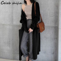 SHIJIA Black Long Cardigan Sweater Woman Cashmere Soft Autumn Winter Korean Fashion Pocket Knitted Cardigan Female Loose Coat