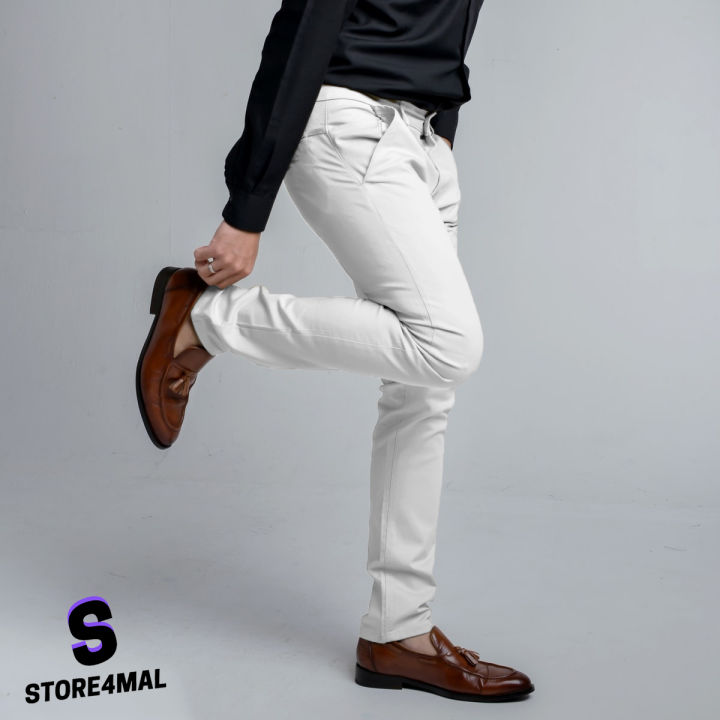 กางเกงสแล็คผู้ชาย-กางเกงสแล็คสีขาว-กางเกงสแล็คทรงเข้ารูป-slim-fit-กางเกงสแล็คผ้ายืด