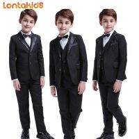 lontakids 6Pcs เด็กชุดสีดำ Tuxedo งานแต่งงานวันเกิด Party เครื่องแต่งกาย (Blazer + เสื้อกั๊ก + เสื้อสีขาว + กางเกง + Bow Tie + Suspenders) ชุดสุภาพบุรุษชุดเสื้อผ้าสำหรับพรหมและเปียโน