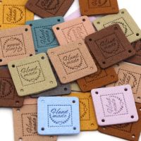 20pcs Handmade Label Colorful Leather Tags Hand Made Labels for Clothing Dress Hats Square Sewing Tag Garment Accessories 25MM Stickers Labels