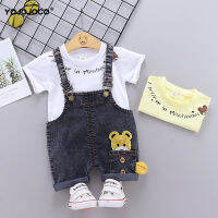 Baby clothes 0-4Y summer cartoon cute childrens suit male and female baby cotton T-shirt + denim overalls baby two-piece set