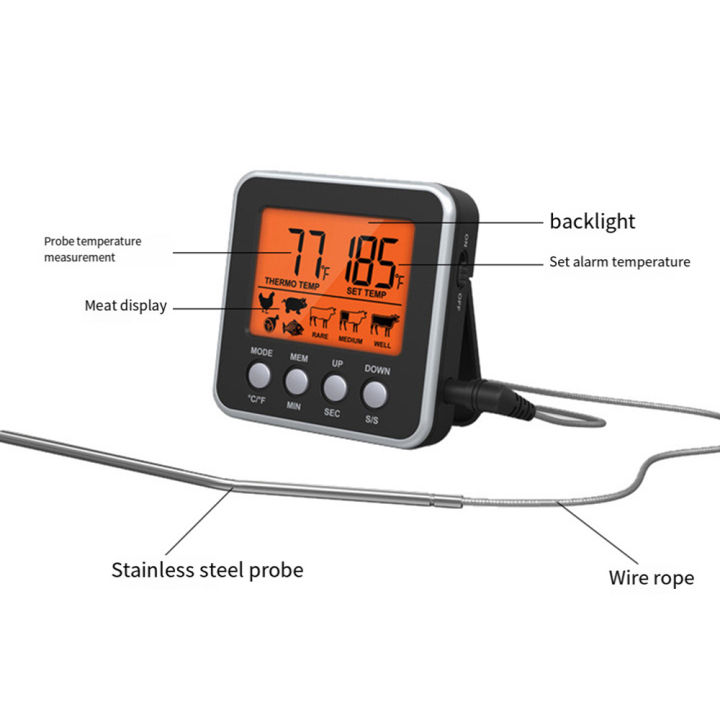 เครื่องวัดอุณหภูมิเตาอบดิจิตอลครัวเนื้อ-thermometeer-ฟาเรนไฮต์เซลเซียสแปลงนับถอยหลังจับเวลาไฟหลังจอ-lcd-เครื่องวัดอุณหภูมิบาร์บีคิว