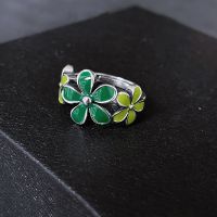 [COD] retro design green flower ring womens fashion old light luxury exquisite advanced cold