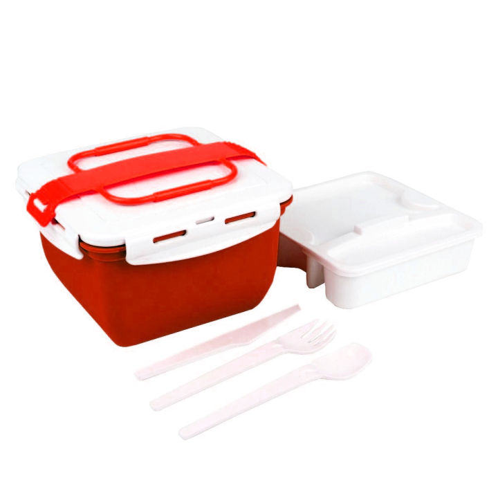 กล่องข้าว-กล่องอาหารพลาสติก-2-ช่อง-กล่องอาหารพกพา-มีหูหิ้ว-มีช้อนส้อม-เข้าไมโครเวฟได้-ความจุ-2-050-ml-แบรนด์-super-lock-รุ่น-6188