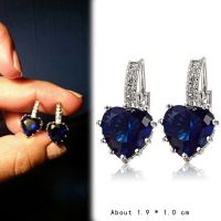 Womens 18K White Gold Plated Earrings Sapphire Blue Crystal Heart Leverback Ear